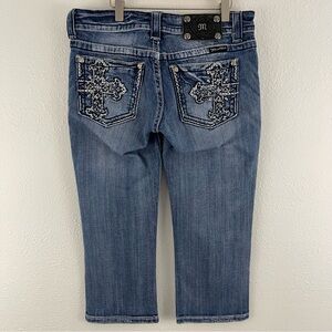 MISS ME Y2K Faded Wash Low Rise Crystal Embroidered Cross Cropped Capri Jeans